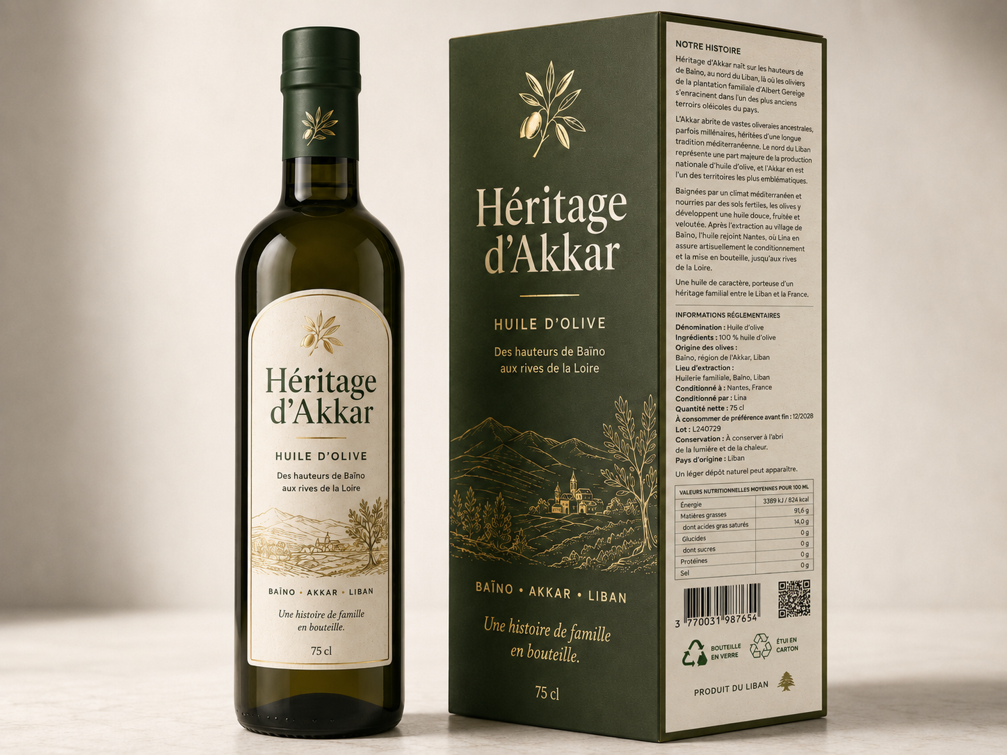 Bouteille et étui d'huile d'olive Héritage d'Akkar 75cl