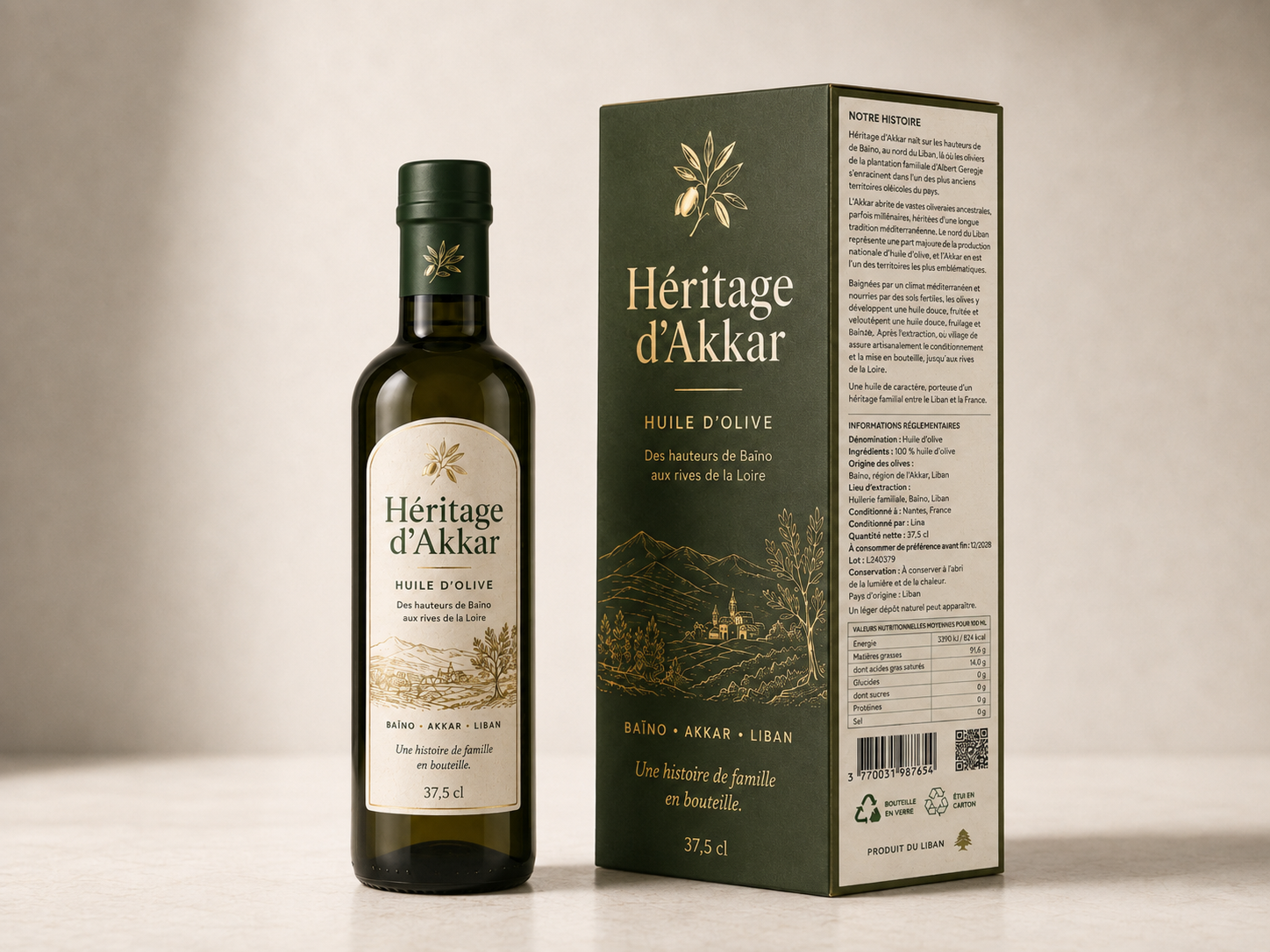 Bouteille et étui d'huile d'olive Héritage d'Akkar 37,5cl