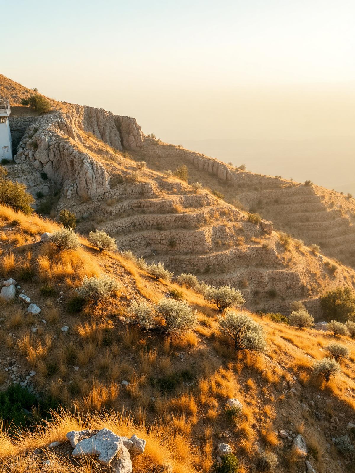 Terrasses d'oliviers sur les montagnes d'Akkar au coucher du soleil